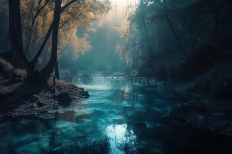 A River Running Through A Forest Filled With Lots Of Trees Stock