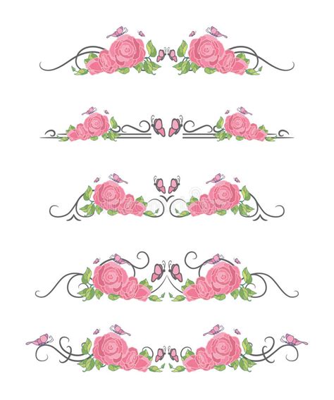 Vector Text Dividers With Pink Roses And Butterflies Stock Vector