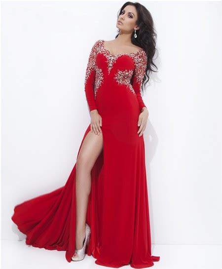Sheath Long Sleeve Backless Slit Red Chiffon Beaded Evening Prom Dress
