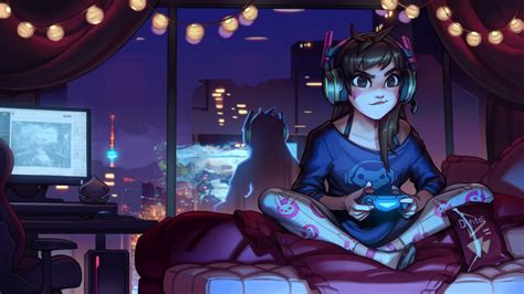 Girl Anime Playing Video Games Painting Overwatch Dva