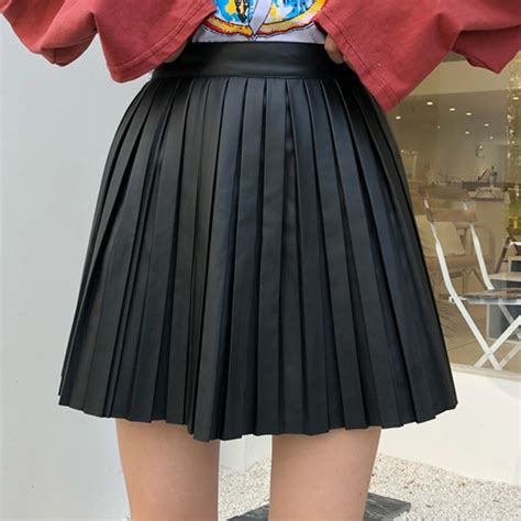High Waist Pu Leather Skirts Women Autumn Winter Plus Size Pleated