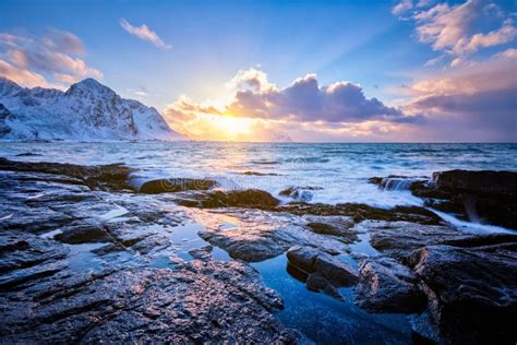Coast Of Norwegian Sea On Rocky Coast In Fjord On Sunset Stock Image