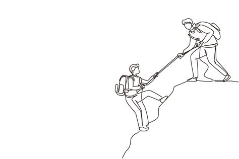 Una Sola Línea Continua Dibujando A Dos Excursionistas Escalando La