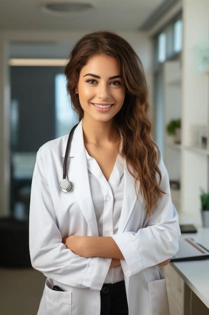 Premium Ai Image A Very Detailed Image Of A Smiling Female Doctor In A Doctors Office With A