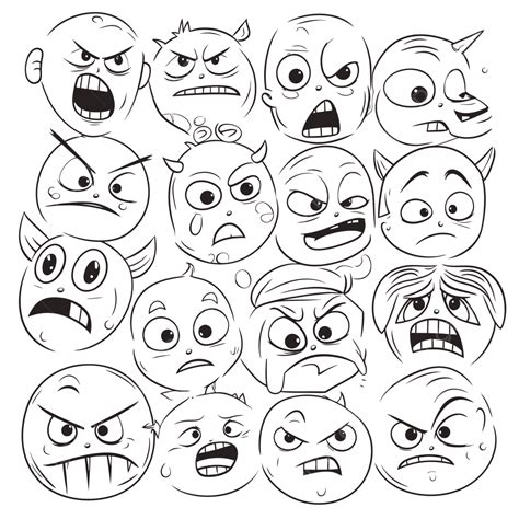 Large Collection Of Angry Faces In A Large Frame Outline Sketch Drawing