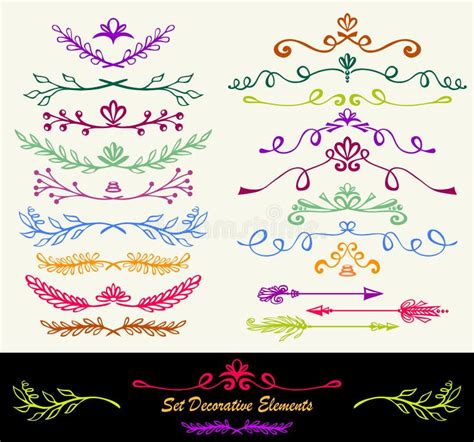 Many Different Hand Drawn Ink Ornament Floral Colorful Dividers Stock