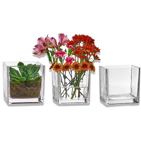 Set Of 3 Glass Square Vases 5 X 5 Inch Clear Cube Shape Flower Vase Candle Holders Perfect