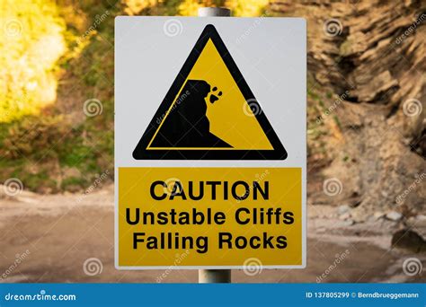 Sign Caution Unstable Cliffs Falling Rocks Stock Image Image Of
