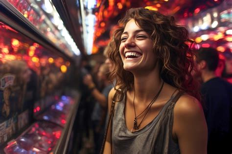 premium ai image a woman laughing while standing in front of a crowd in disco