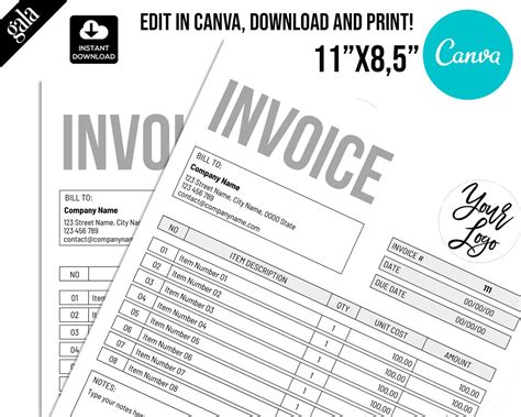 Printable Invoice Template Editable Small Business Order Etsy