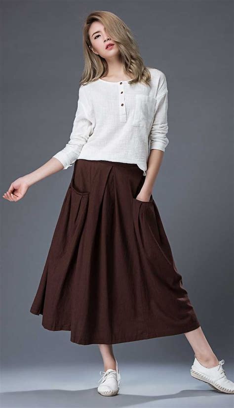 Tea Length Skirt Linen Skirt Brown Linen Skirt Midi Skirt Etsy
