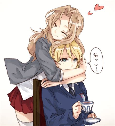 2girls Arms Around Neck Black Neckwear Blonde Hair Blue Sweater Blush Closed Eyes Cup Darjeeling