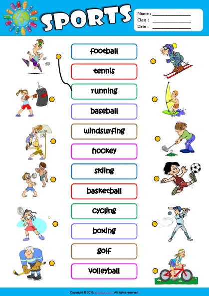 Sports Esl Vocabulary Matching Exercise Worksheet For Kids