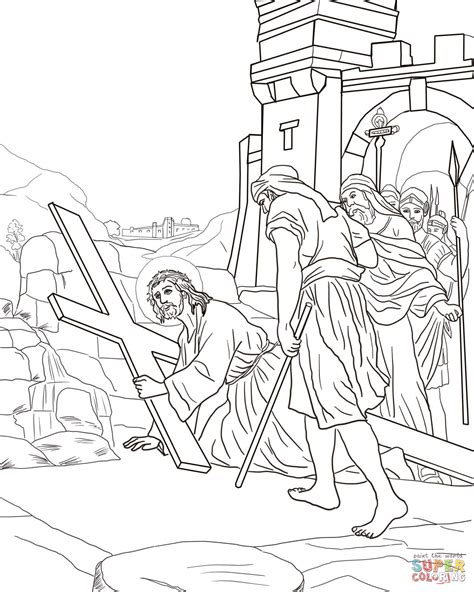 His carrying his own cross in purposeful silence is the model for how we should carry our own crosses. jesus falls cross coloring pages - Clip Art Library