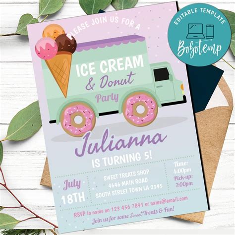 Ice Cream And Doughnut Birthday Party Invitation Printable Diy Bobotemp