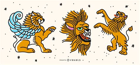 Colored Lion Tattoo Set Vector Download