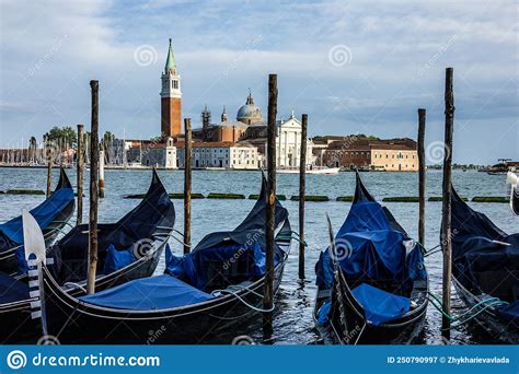 Venice Italy Gondolas And San Giorgio Maggiore Island Seascape Stock