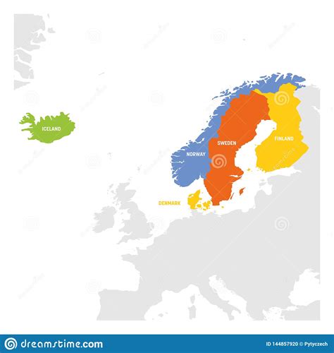 North Europe Region Map Of Countries Of Scandinavia Stock Vector