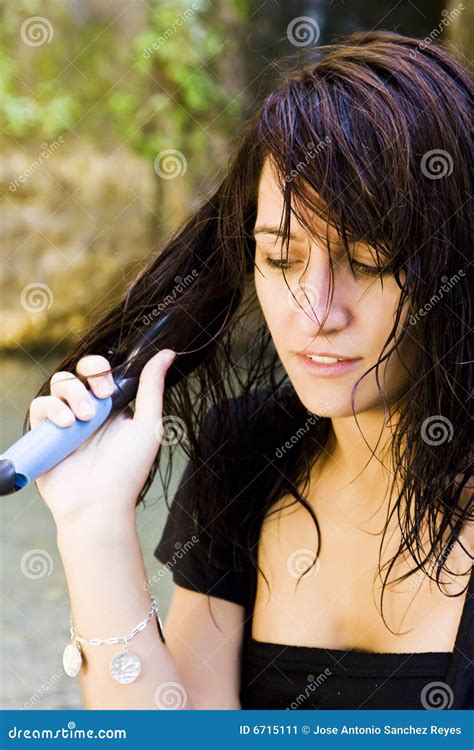 Woman Brushing Her Wet Hair Stock Image Image Of Styling Caucasian