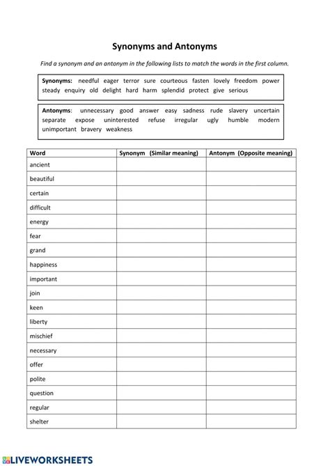 antonyms  synonyms interactive worksheet