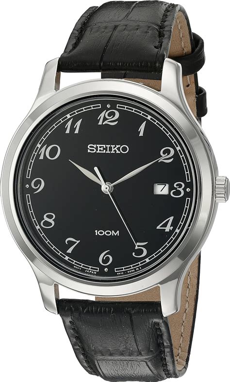seiko men s quartz stainless steel and leather dress watch color black model