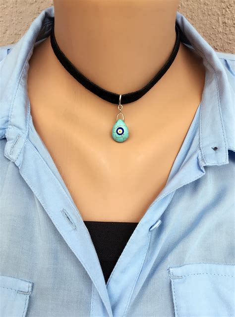 Evil Eye Charm Choker Necklace Charm Leather Cord Necklace Etsy