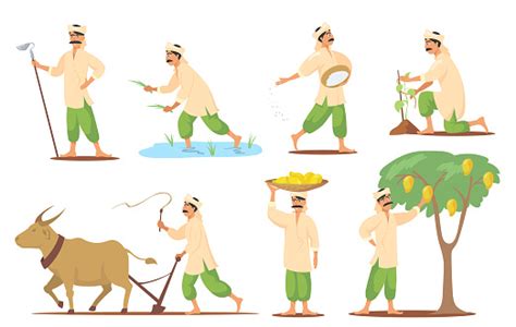 Happy Indian Farmer In Different Poses Flat Set For Web Design Stock
