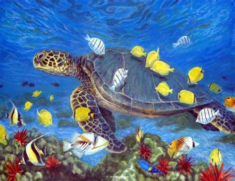 Sea Turtle Painting Hawaii Underwater Art Triggerfish