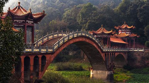 Wallpaper China Nature Bridge Forest Trees Asian Architecture