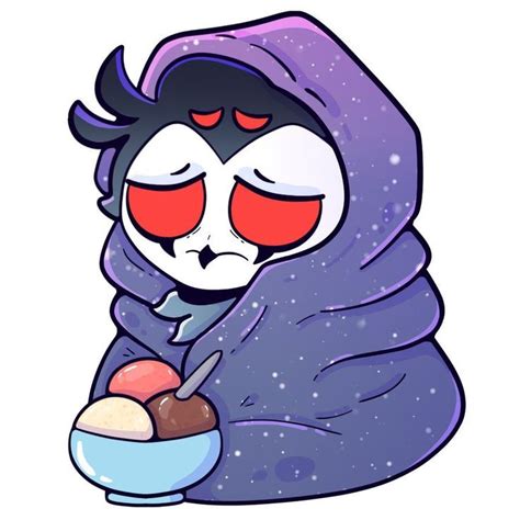 A Cartoon Character With Red Eyes And A Hood On Holding A Bowl Of Ice Cream