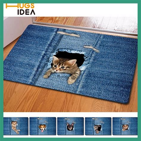 Hugsidea Kawaii 3d Denim Cat Dog Carpet Non Slip Kitchen Tapetes Rugs