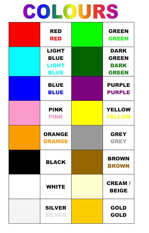 Learning Charts Basic Colors Basic Colors Color Chart