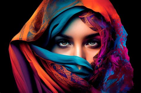 premium photo portrait of a beautiful arabic woman in a colorful veil face obscured generative ai