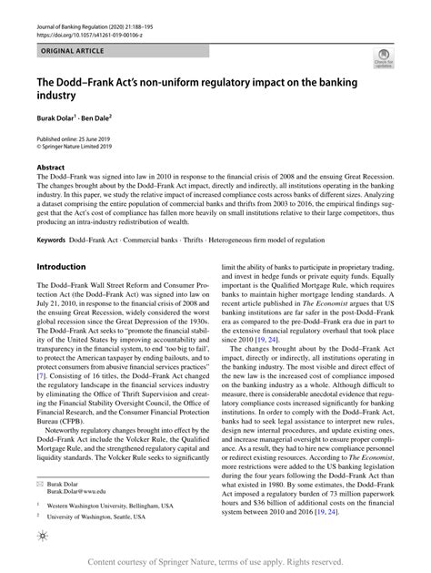 The Doddfrank Acts Non Uniform Regulatory Impact On The Banking Industry