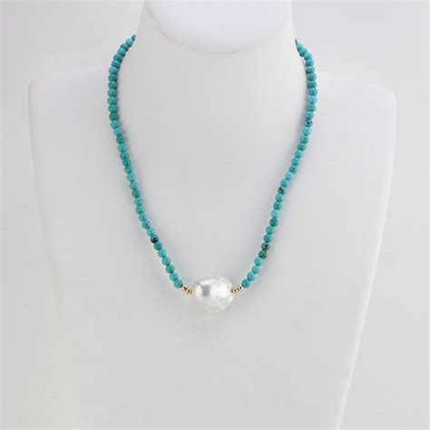 Large Freshwater Baroque Pearl And Turquoise Necklace Turquoise Pearl