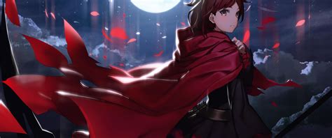 Download 3440x1440 Rwby Ruby Rose Cape Moon Leaves