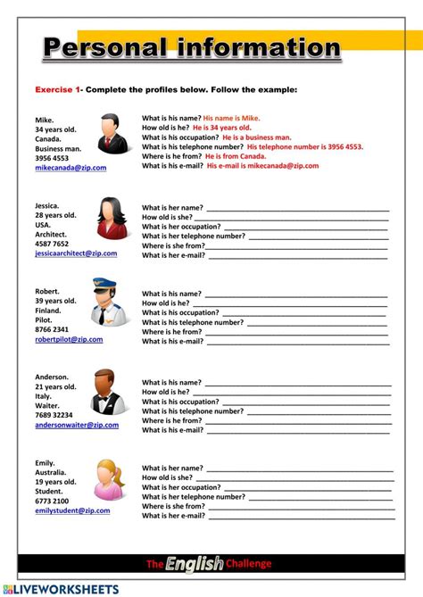 Personal Information Interactive Worksheet English As A Second
