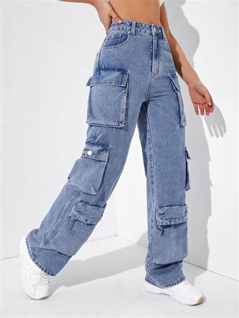 SHEIN High Waisted Flap Pocket Cargo Jeans SHEIN UK