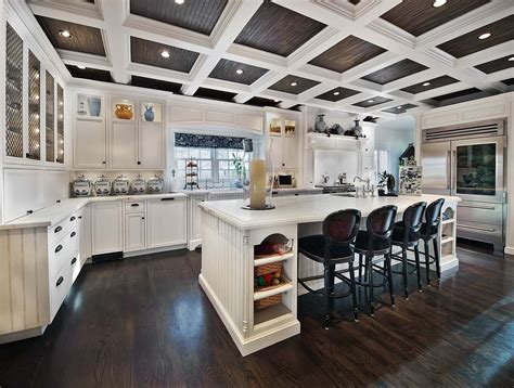 Kitchen Coffered Ceiling With Dark Stained Beadboard Paneling Kitchen