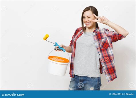 Young Smiling Woman Holding Empty Paint Bucket With Copy Space And
