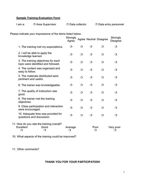 Sample Training Evaluation Form In Word And Pdf Formats