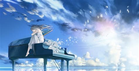 Wallpaper Lonely Anime Girl Piano Instrument Scenic Sky Clouds