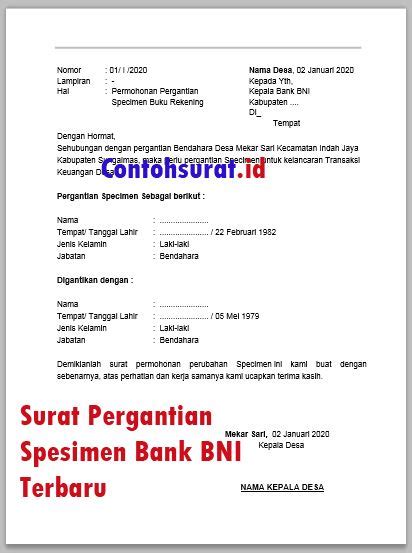 Surat Permohonan Perubahan Specimen Tanda Tangan Bank Bni Contoh The