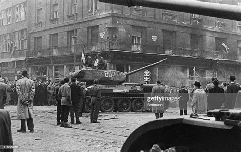 Budapest Hungary A Captured Soviet Tank Flies The Hungarian Red