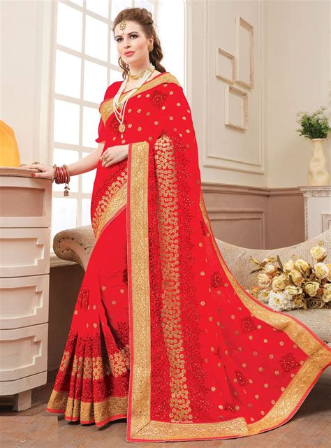 Red Georgette Festival Saree 126161 Saree Designs Party Wear Sarees Designer Silk Sarees