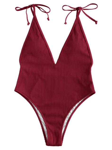 Zaful Tie Shoulders Ribbed Swimsuit Red Wine L Trendy Fashion Womens