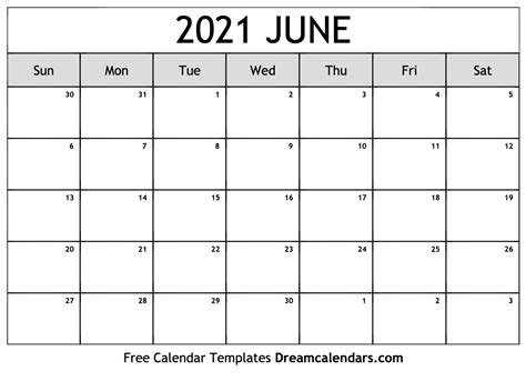 June 2021 Free Calendar Calendar Template Printable
