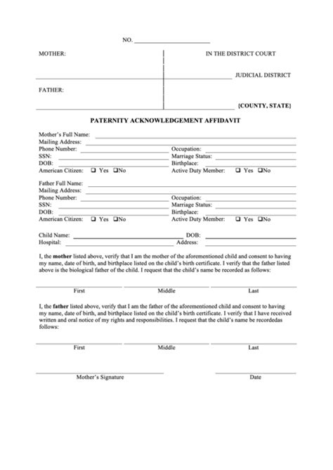 Paternity Acknowledgement Affidavit Printable Pdf Download