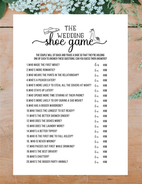 The Wedding Shoe Game Bridal Shower Game Printable Pdf Bride Etsy