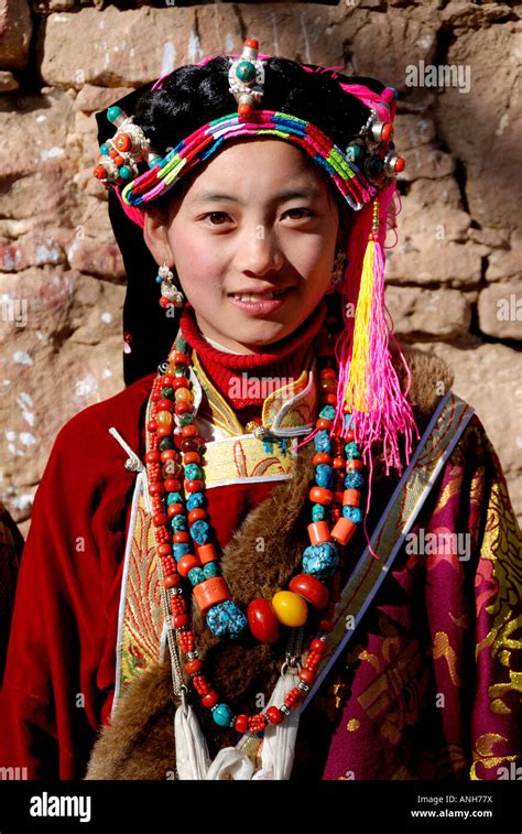 Tibetan Wedding Party A Girl Have Traditional Tibetan Clothes Stock